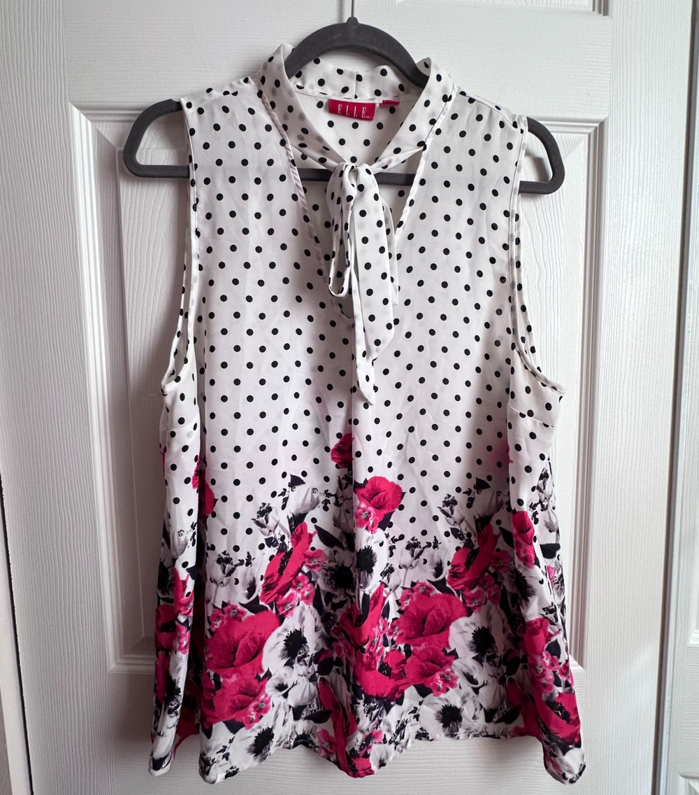 Elle Women's XL White & Black Polkadot Floral Sleeveless Keyhole Tie Neck Blouse